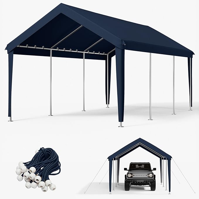 12 x 20 Ft Carport Replacement Cover, Heavy Duty Outdoor Car Tarp Canopy, Waterproof & UV Protected Tear Oxford Tarp with Ball Bungees (Frame is Not Included)