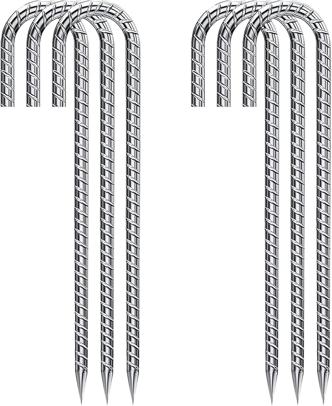 12 Inch 6 Pack Garden Stakes Heavy Duty J Shape Galvanized Rebar Stakes, Anti-Rust 8mm Steel Ground Tent Stakes for Trampolines Swing Set Lawn Decorations Inflatables Canopy Position Kits Fences