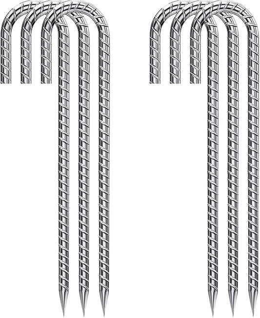 12 Inch 6 Pack Garden Stakes Heavy Duty J Shape Galvanized Rebar Stakes, Anti-Rust 8mm Steel Ground Tent Stakes for Trampolines Swing Set Lawn Decorations Inflatables Canopy Position Kits Fences