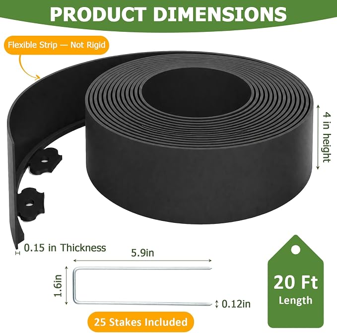 20ft Garden Edging Border, 4 Inches Tall Landscape Edging for Flower Bed Edging & Garden Bed Edging, Flexible Plastic Landscape Border with 25 Metal Stakes for Lawn Edging & Yard Borders