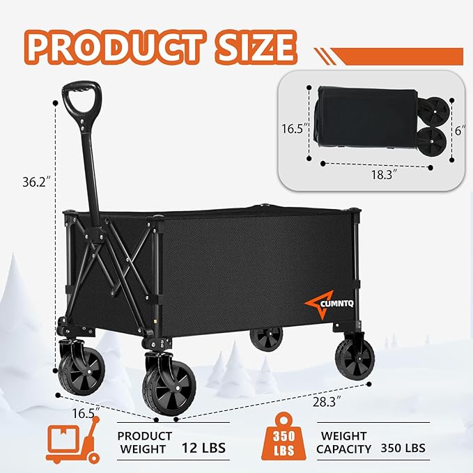 CUMNTQ Wagons Carts Foldable, 350lbs Weight Capacity Collapsible Wagon with All-Terrain Wheels, Grocery Cart on Wheels for Shopping Camping Garden Sports Beach Black
