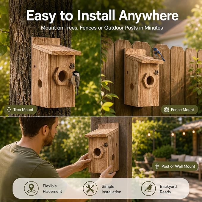 Smart Bird House with Camera – Burnt Wood Finish, AI Bird Recognition, IP66 Waterproof, Two-Way Audio, App Control, 4MP Full-Color Night Vision,Solar-Powered,Cloud & SD Storage