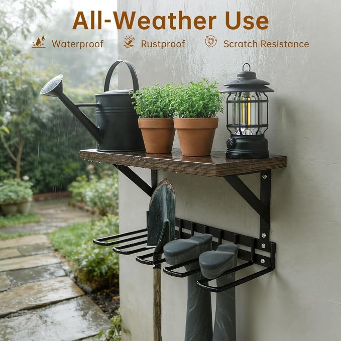 Decoroca Wall Mount Boot Rack, Garden Tool Organizer With 5 Curved Hooks & Wood Shelf, Heavy Duty Wader Boot Hangers Organizer Rack Trays for Outdoor/Indoor, Garden, Garage