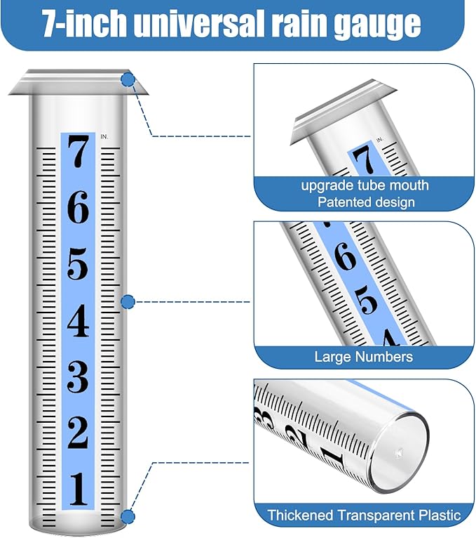 2PCS Rain Gauge Replacement Tube Plastic, Accurate Rain Gauge Outdoor, Thickened and Transparent 7" Capacity Tube with Blue Strip for Yard & Garden, 2 Rainfall Meter Tube with 1 Clean Brush