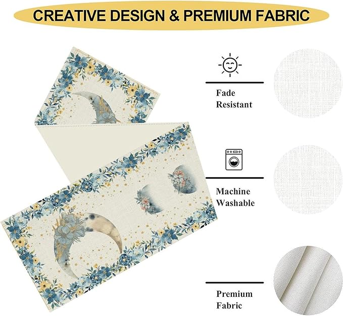Floral Moon Table Runner, Boho Spring Blue Flower Leaves Seasonal Mystical Gothic Moon Phase Coffee Table Center Decor for Family Party Kitchen Outdoor Farmhouse Wedding Table Decorations, 13" X 72"