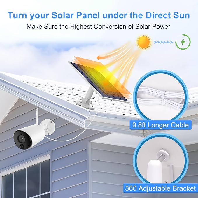 Security Camera 5V 5W Solar Panel - Adjustable Wall Mount, 9.8ft Cable, IP65 Waterproof - Suitable for USB-C & Micro USB