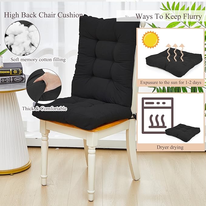 Juexica 4 Sets Outdoor Patio Chair Cushions Seat High Back Tufted Pillow Replacement Rocking Chair Cushions Pads for Patio Summer Seasonal Indoor Home Office(Black)