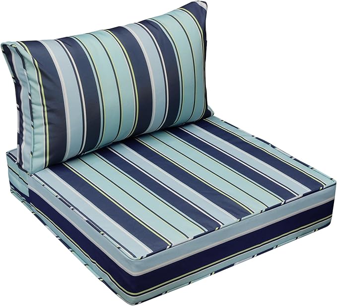 AAAAAcessories Outdoor Seat Cushions for Chairs, Fade-Resistant, Waterproof Patio Furniture Replacement Cushions, 25.5" x 25.5" x 5" + 25.5" x 13.5", Ash Teal Seaside Stripe