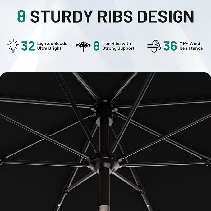 AreShark 9FT Patio Umbrella with Solar Lights, 32 Lighted Pool Umbrella w/Tilt and Crank, Outdoor Market Solar Umbrellas for Garden, Deck, Backyard, Pool and Beach, Black