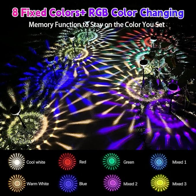 JNOEC 2Pack Solar Pathway Lights Outdoor, Color Changing+8 Fixed Color (Warm White, Cool White, Colored) Solar Lights Outdoor, Bright Solar Powered Garden Light