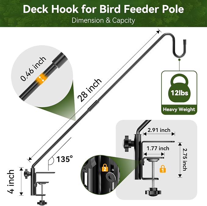 28" Adjustable Deck Railing Hook, Heavy Duty Rotating Plant Hanger | Clamp-mount for Bird Feeders, Planters, Lanterns & Wind Chimes | Fits up to 2.75" | 12 lbs Capacity | 360° Rotation