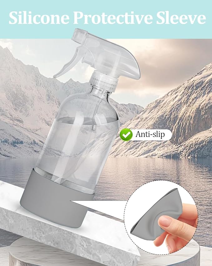 2 Pack 360° Glass Spray Bottles with Silicone Sleeve, 16 oz Empty Refillable Containers with Adjustable Spray Nozzles, Spray Bottles for Hair, Cleaning Solutions and Plants Grey
