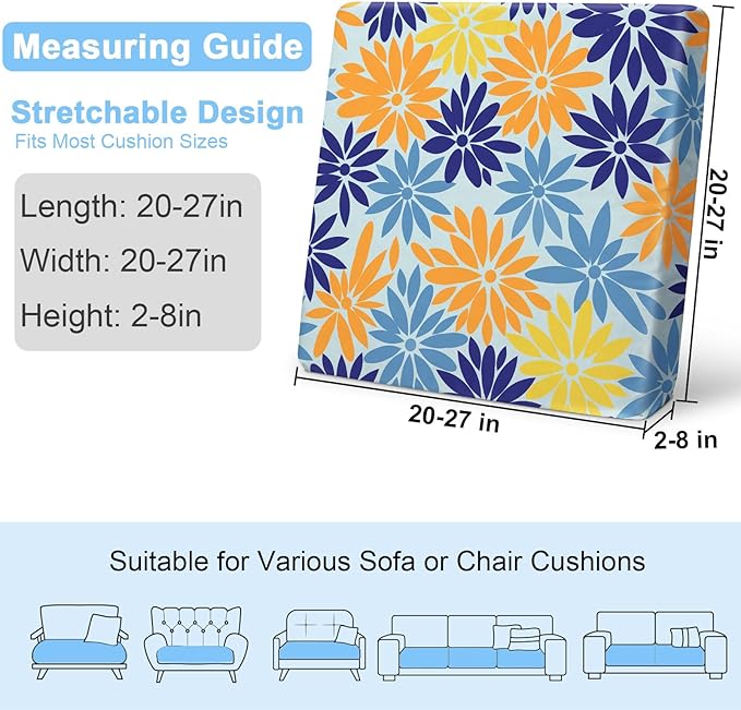pickyNproud 8Pcs Patio Cushion Covers Stretch Outdoor Couch Cushions Slipcovers Replacement Washable Furniture Protector with Elastic Bottom Sofa Chair Seat Cover, Blue Yellow Floral