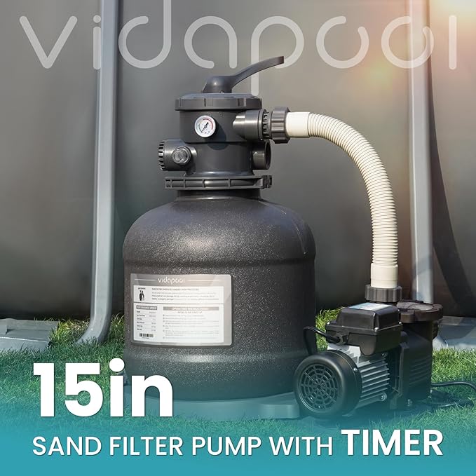 Sand Filter Pump for Above Ground Pool, Pool Pumps Above Ground with Timer, Pool Sand Filter with 6-Way Valve, Efficient Filtration, 15in, Up to 15,000 Gallons