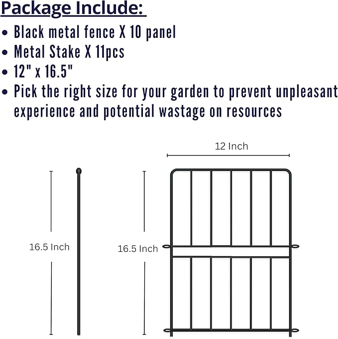 ShopLaLa Decorative Garden Fence (10 Panels) 12.5in(L) x 16.5in(H) Black Metal Wire Fencing, Rustproof Animal Barrier for Dogs, Flower Bed Edging Fences for Yard Patio Classic Outdoor Decoration