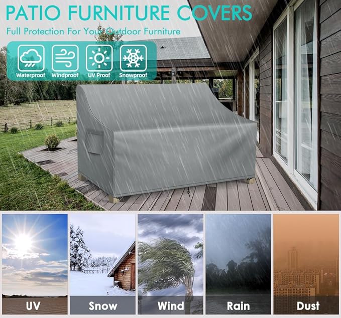 WLEAFJ Patio Sofa Cover Waterproof, 3-Seater Outdoor Sofa, Heavy Duty Deep Lounge Loveseat, Large Lawn Furniture with Air Vent, 79’’ W x 37’’ D x 35’’ H, Grey