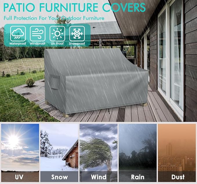 WLEAFJ Patio Sofa Cover Waterproof, 3-Seater Outdoor Sofa Cover, Heavy Duty Deep Lounge Loveseat Cover, Large Lawn Patio Furniture Covers with Air Vent, 78’’ W x 33’’ D x 32’’ H, Grey
