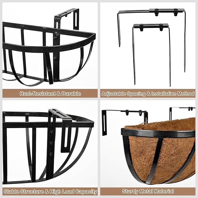 24 Inch Railing Planter Boxes with Adjustable Brackets for Hanging Outdoor Plants, Window Box Planter with Coco Liner for Balcony Deck Porch & Patio Garden Decor, 4 Pack & Black