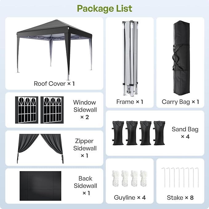 Driftalia 10x10 Pop Up Canopy with Sidewalls, Outdoor Instant Canopy Tent with Carry Bag for Commercial Events, Camping, Backyard Parties - Black