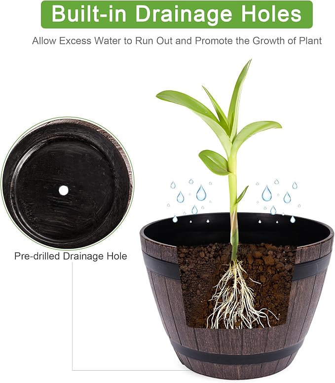 VECELO Plant Pots with Drainage Holes & Saucer, 13 Inch Flower Pots with Tray, 3 Pack Plastic Whiskey Barrel Planters for Indoor & Outdoor Garden Home Plants and Flowers