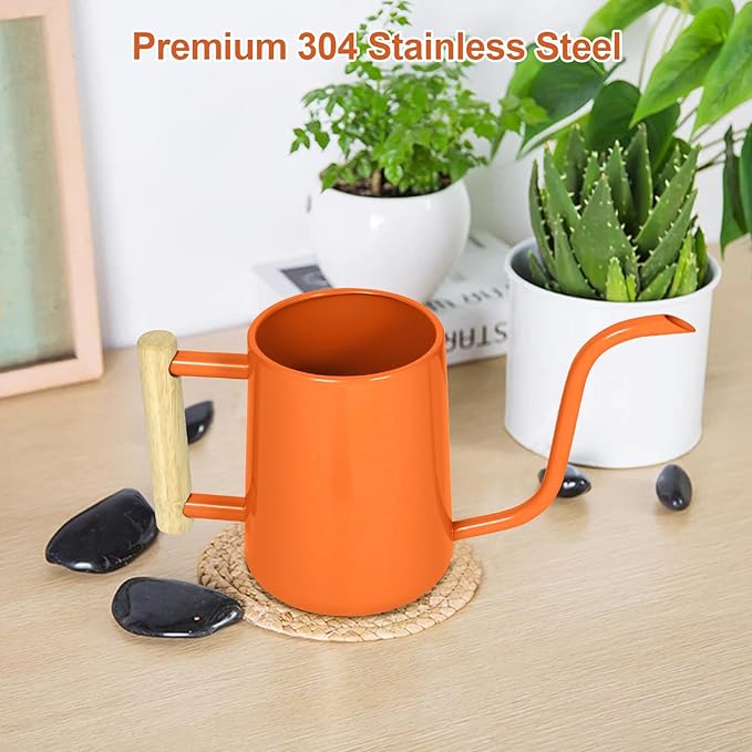 Watering Can Indoor Plants, 35 oz/1000 ml Metal Stainless Steel Watering Can Pot with Long Spout for Indoor House Plants Bonsai Outdoor Garden Flower Decorative (Orange)