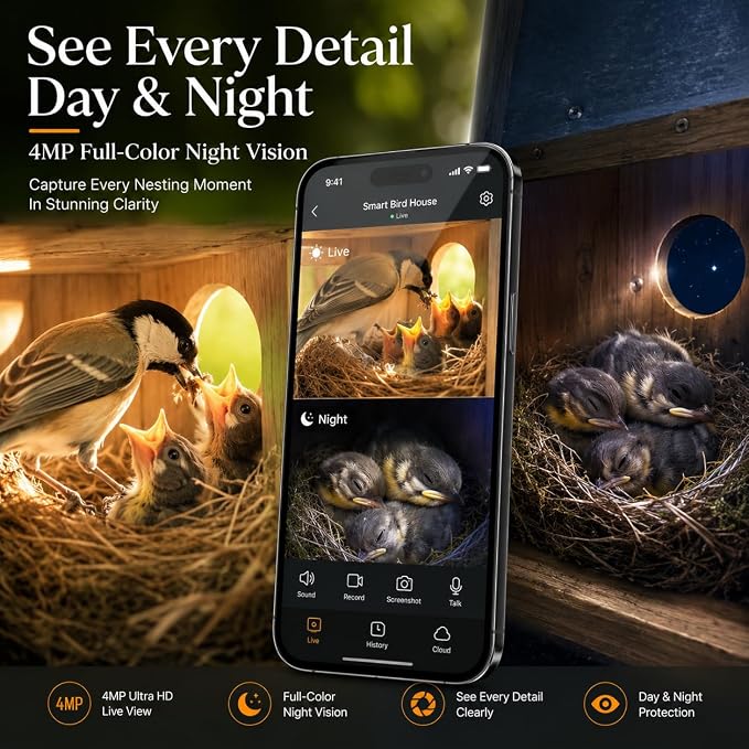Smart Bird House with Camera, Bamboo Wooden Birdhouse for Outdoor Bird Watching, App Live View, Color Night Vision, Motion Detection, Waterproof Bird Nesting Box