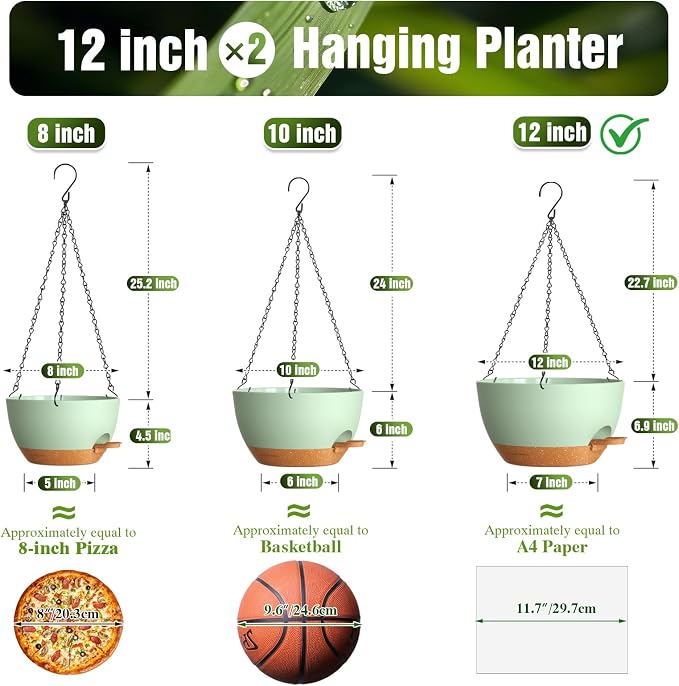 12 Inch Self Watering Hanging Planters, 2 Pack Plastic Plant Pots | Sturdy lightweight pot with side watering lip, drainage holes, snap-on detachable tray & hanging chain for easy care