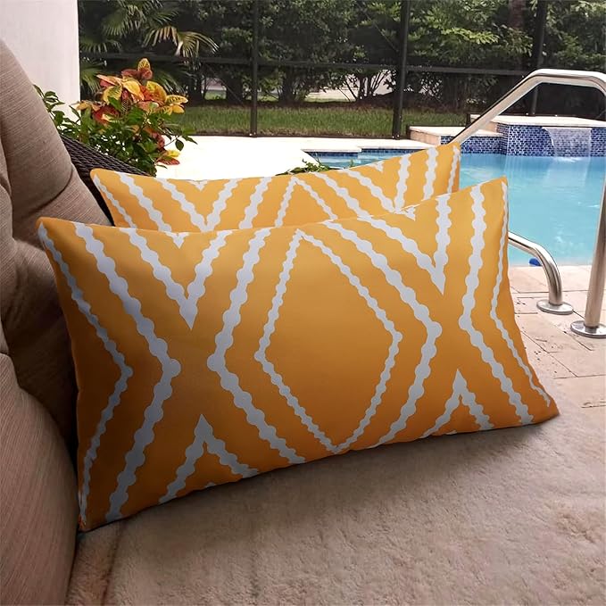 Adabana Outdoor Lumbar Waterproof Pillow Covers Set of 2 Boho Geometric Throw Pillows Cover for Patio Garden 12 x 20 Inch Yellow