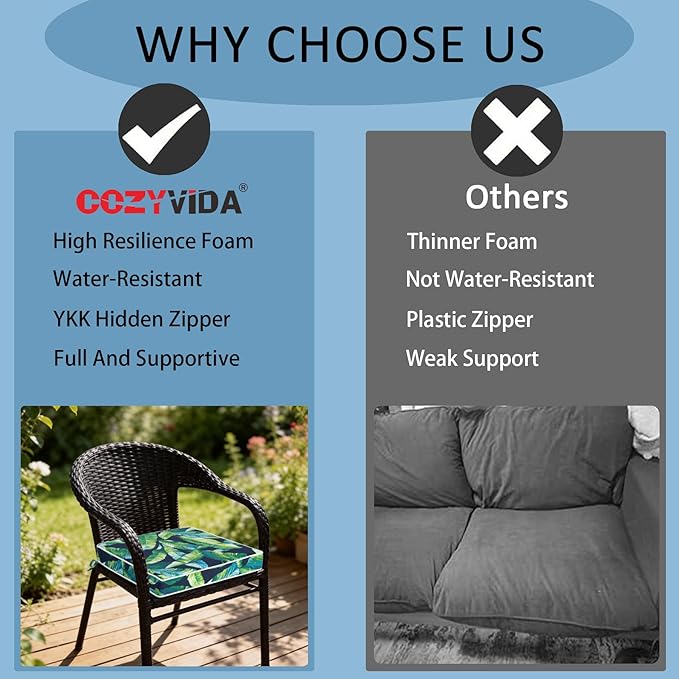 COZYVIDA Outdoor Chair Cushions Set of 4, 20"x20" Square Seat Pads with Tie Straps and YKK Zippers, 30D High-Density Foam, Water-Resistant Fabric,UV-Resistant 1000+ Hrs