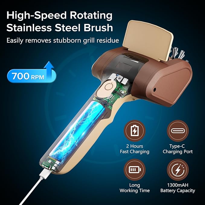Electric Grill Brush for Outdoor Grill, Cordless Electric Grill Cleaner, Rechargeable Grill Cleaning Stainless Steel Brush, Grill Scraper, BBQ Accessories Brown