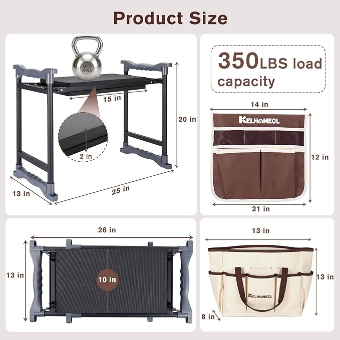 Garden Kneeler and Seat, Extra Wide Thick EVA Pad, Heavy Duty Foldable Garden Bench Holds 350lbs, Ergonomic Kneeling Stool with Garden Tool Pouches, Gardening Gifts for Women, Men, Seniors