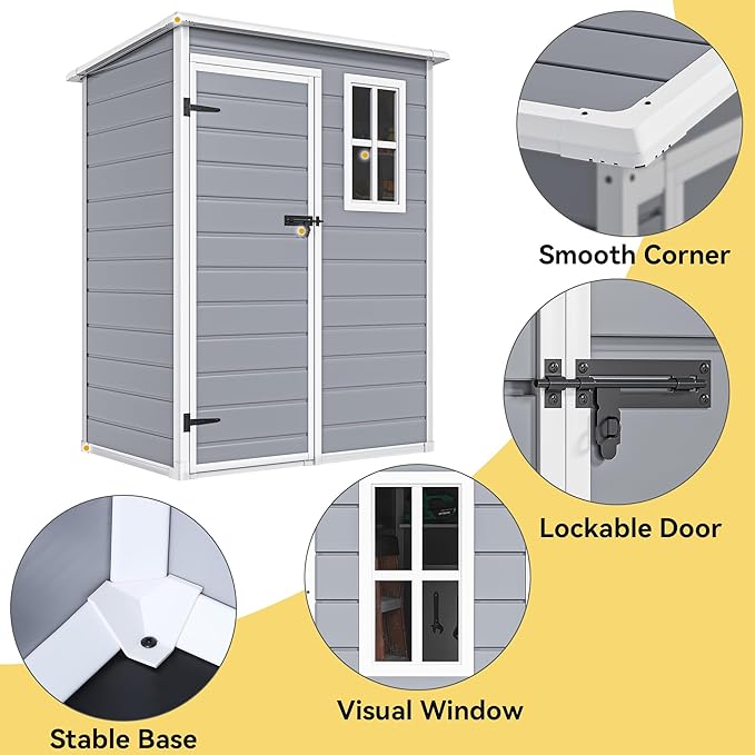 DWVO 5x3 FT Outdoor Storage Shed with Reinforced Floor, All-Weather Resin Storage Shed with Window & Lockable Door, Waterproof Plastic Tool Storage for Garden Patio