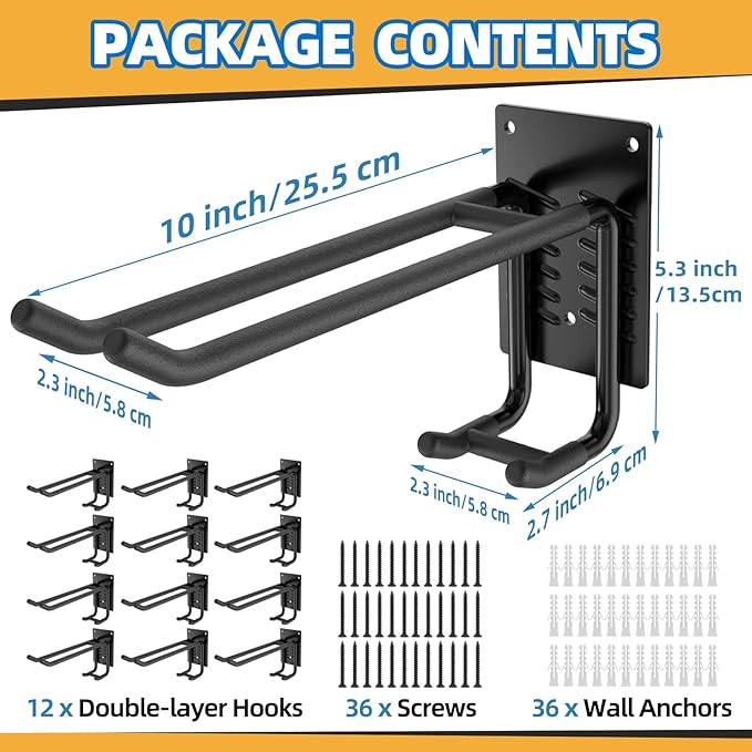Tanzfrosch 12 Pack Garage Hooks Heavy Duty 10 INCH Two-Tier Steel Shed Wall Mount Workshop Garage Storage Organizer Hooks for Hanging Garden Tool, Hose, Ladder, Chairs, Bikes with Anti-Slip Coating