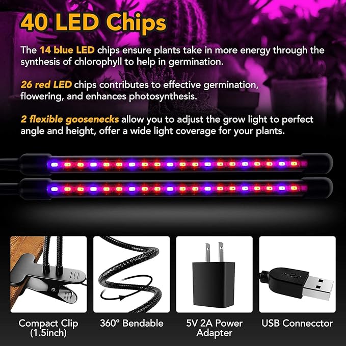 iPower LED Grow Light with Full Spectrum for Indoor Plants, Adjustable Gooseneck, 2/3 Light Modes&5/10 Dimmable Levels, 3 Auto Timing Modes, 2 Tubes, Red&Blue