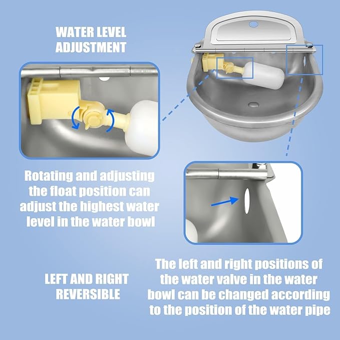 Automatic Animal Drinking Water Bowl with Float Valve, Standard Pipe, Stainless Steel Waterer Feeder Farm Dog Dispenser Kit Self Filling for Livestock Horse Goat Water Trough