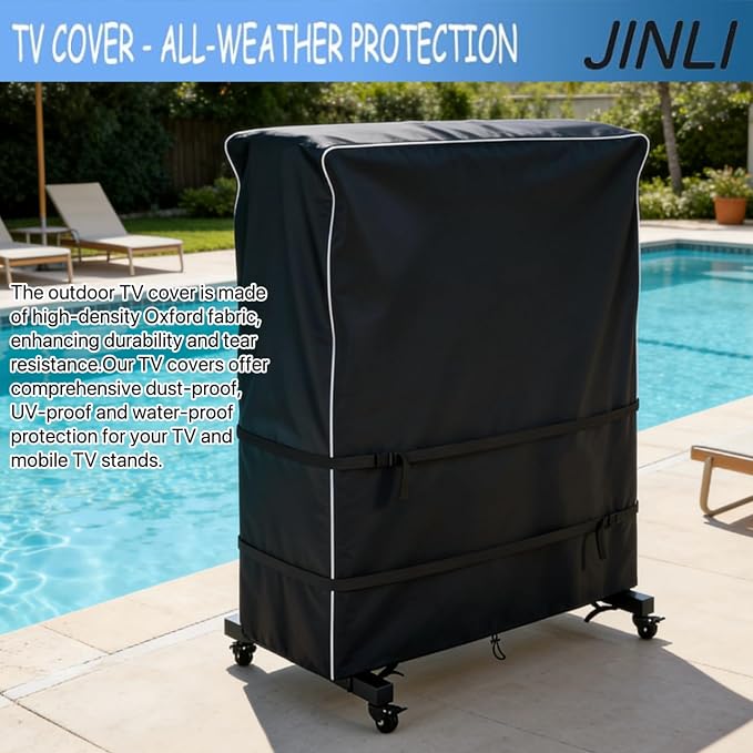 JINLI 30-32 inch outdoor TV trolley cover, courtyard TV cover, Oxford fabric waterproof and dustproof, triple windproof design, compatible with rolling/mobile stand,Black