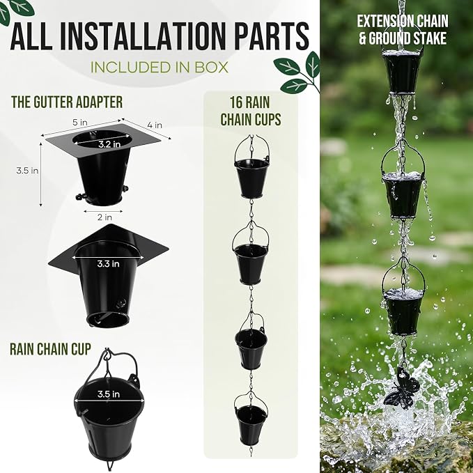 8.5FT Wrought Iron Rain Chain, Black Cup Bucket Design, 16 Cups, Gutter Adapter & Decorative Butterfly, Outdoor Garden Decor