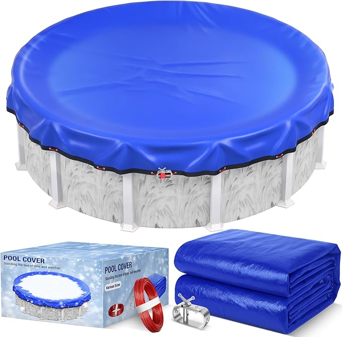 28FT Round Winter Pool Cover 500D Extra Thick Above Ground Pool Cover Above Ground Pool Protection with Winch and Cable Royal Blue