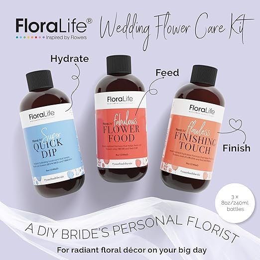 FloraLife Wedding Flower Care Kit - Quick Dip, Finishing Touch & Flower Food for Bridal Bouquets, Bridesmaid Flowers & Centrepieces - 3 x 8oz