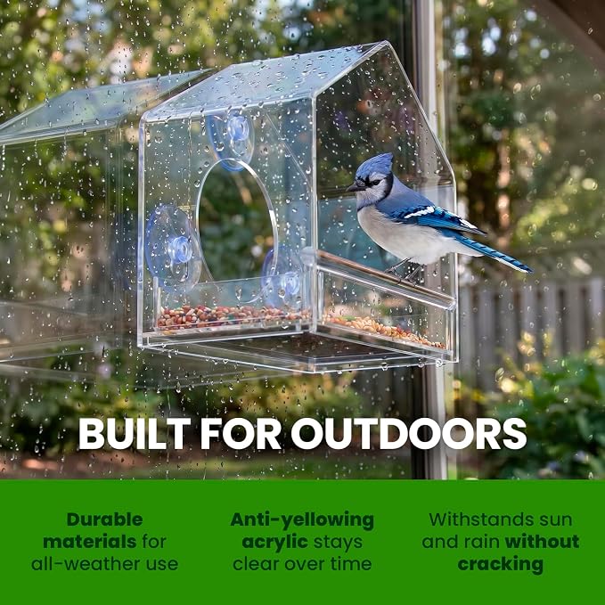 Nature Gear Window Bird Feeder with Strong Suction Cups, Clear Acrylic Window Mounted Bird Feeder, Removable Sliding Tray, Weather-Resistant, Durable, Squirrel-Resistant, House Style