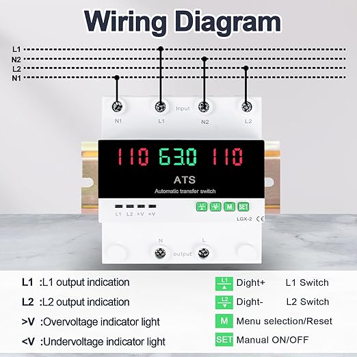 100A 120V Automatic/Manual Generator Transfer Switch, DIN Rail Mount 110V for Generator Backup Power & Gas Furnace, 50/60Hz, LED Display, CE Certified