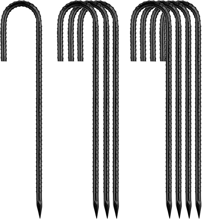 Rebar Stakes 12 Inch, Ground Stakes Heavy Duty J-Hook Black Coated Anti-Rust Heavy Duty Ground Anchors for Garden Dog Fence Chicken Coop Christmas Decorations Deer Fence 8pcs