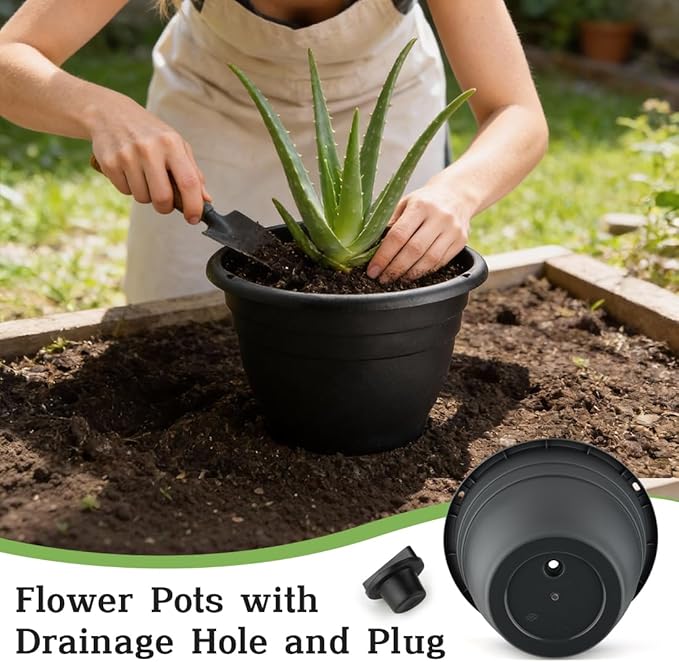 RooTrimmer 25 Pack 10 Inch Plant Pots with Drainage Holes,Black Plastic Flower Pots for Indoor & Outdoor Plants,Durable Lightweight Planters for Flowers,Herbs & Gardening