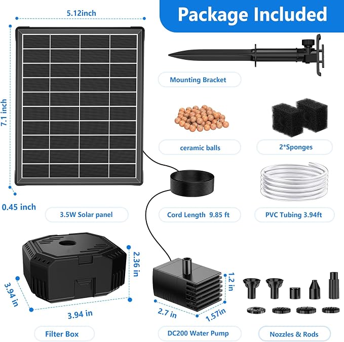 NFESOLAR 6.5W Solar Fountain Pump with 3600mAh Battery, Solar Water Fountain & Pond Filter Box kit, 3.94FT Tubing, 8 Nozzles, Dry-Run Protection Water Pump for Small Ponds, Bird Baths & Garden