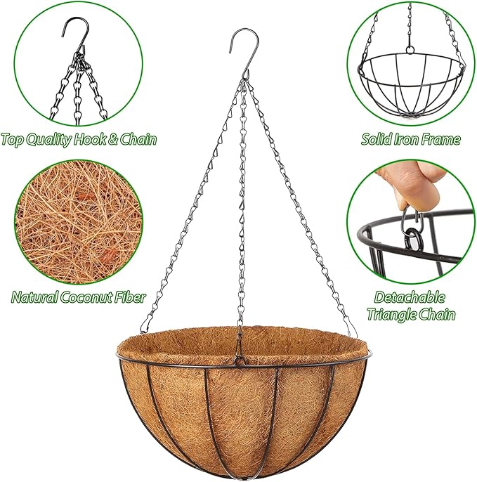 LCHUANG Hanging Baskets Planter for Plants - 2 Pack 14 Inch Metal Baskets with Coco Coir Liner, Hanging Flower Pots for Outside with Chain, Indoor Outdoor Garden Porch Decoration (14'' Pack of 2)