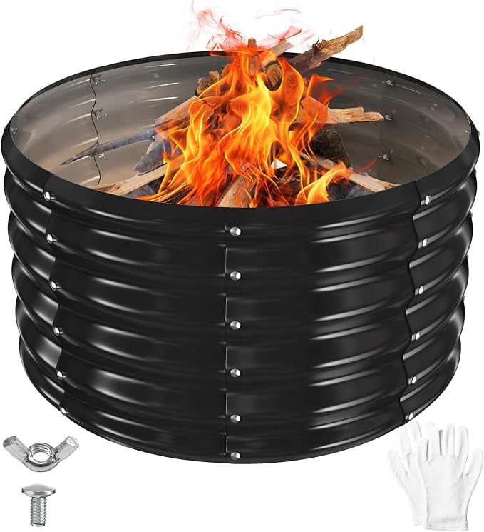 YSEJOMP 32 Inch Round Galvanized Fire Pit Ring/Fire Ring - Foldable and Perfect for Outdoor Gatherings and Campfires in The Yard/Garden/Park/Beach (Black+Gray, 2.7 FT Diameter+1.5 FT Tall)