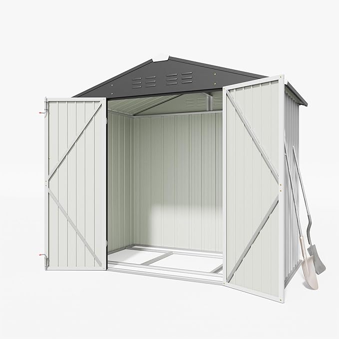 Greesum 6x4FT Outdoor Storage Shed with Base, Utility Tool Shed with Sloping Roof, Metal Storaged Garden Shed with Door & Lock for Patio Storage, White