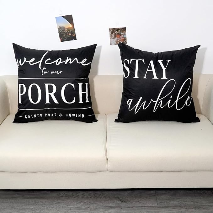TAJWE Outdoor Pillow Covers Waterproof 20x20 Set of 2 Black and White Decorative Welcome to Our Porch Stay Awhile Cushion Cases for Patio Furniture Sofa Couch Decor