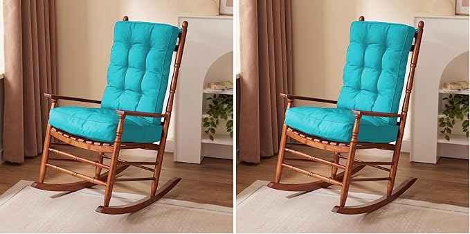 IPYNBAP Rocking Chair Cushion, Waterproof and Fade-Resistant Patio Chair Cushions, Tufted Chair Pads for Rocker Furniture, 17x17 Inch, Indoor/Outdoor Seat Cushions with Ties, Teal Blue (Pack of 2)