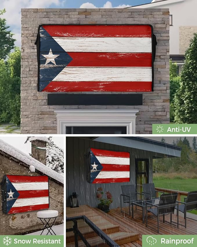 T&H XHome Outdoor TV Cover - Puerto Rico Flag Patriot Vintage Wooden Board Text Waterproof and Weatherproof 70"-75" LCD Movable Shield TV Display Screen Protector Outside Television Covers